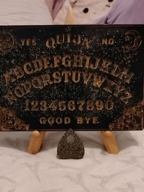Black and Gold Organite Ouija Board Planchette Decorative Plaque Wing & Bell